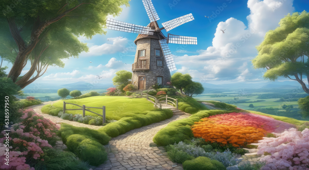 Renewable Energy Amidst Lush Green Landscape and Flowering Plants Renewable Energy Amidst Lush Green Landscape and Flowering Plants