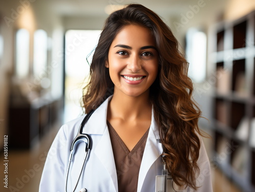 Portrait of friendly female doctor in workwear with stethoscope on neck