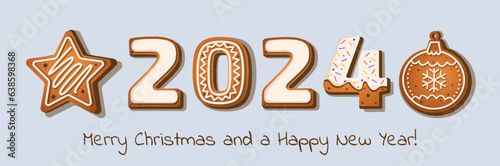 gingerbread cookies in the form of numbers 2024 in cartoon style on a white background