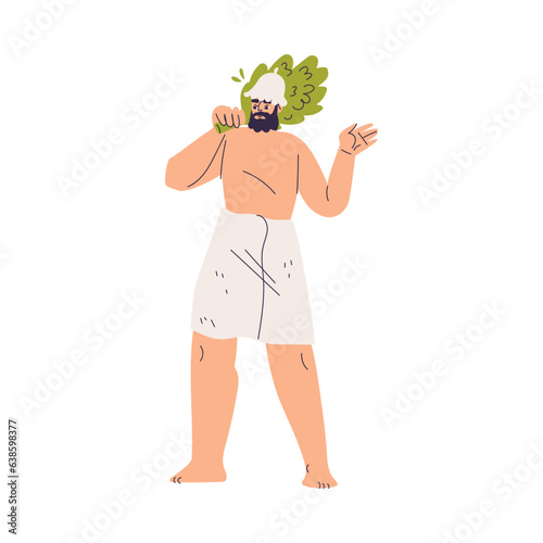 Bearded Man with Besom Bathing in Sauna and Taking Steam Bath Vector Illustration