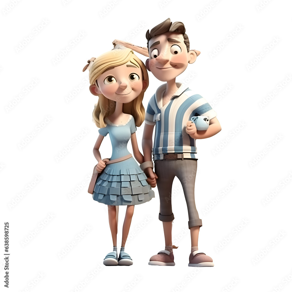 Happy couple standing in front of a house. 3d digitally rendered illustration
