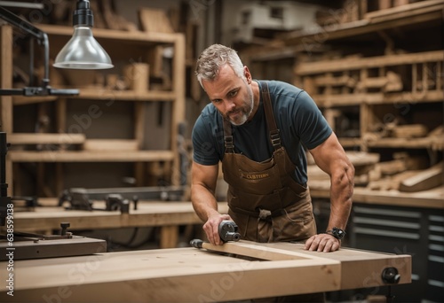 Male carpenter working on woodworking project in wood shop