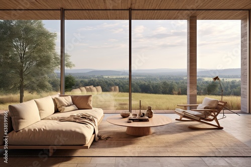 modern and contemporary design a living room with large windows that overlooks the countryside Generative AI