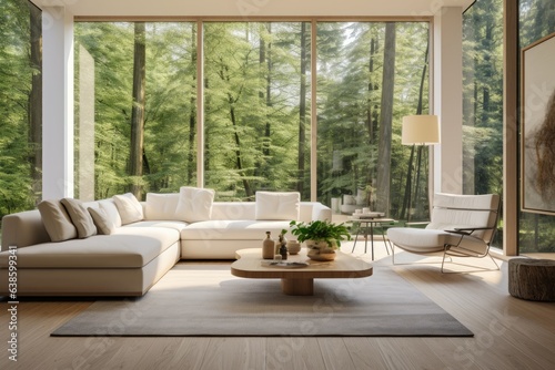 a living room in the forest with white furniture Generative AI