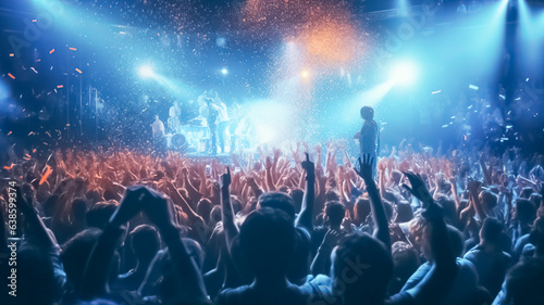 Rock concert  live  party  music festival  night club crowd cheering  stage lights and confetti falling. The crowd in a concert.   