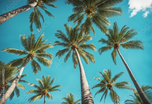 Blue sky and palm trees from below - vintage style, tropical beach, summer background, travel concept