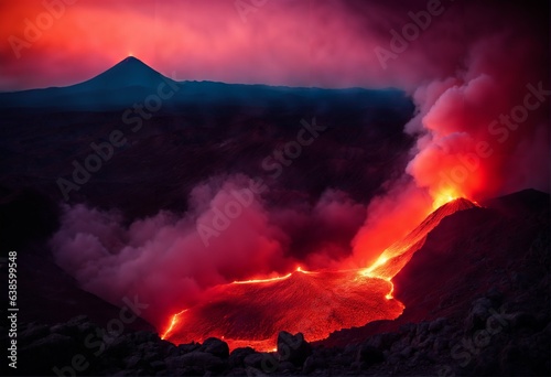 Volcano eruption with lava - concept background, natural disaster, fiery flow