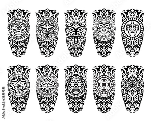 Set of tattoo sketch maori style for leg or shoulder. With turtle, sun face, mask, swastika.