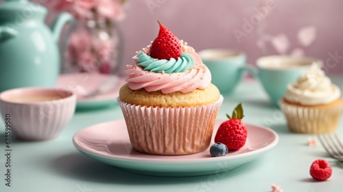 Delicious cupcakes on table on soft pastel background