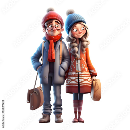 Couple in winter clothes with a bag and a suitcase on a white background