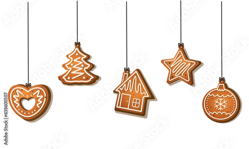 Merry Christmas greetings from delicious gingerbread in the form of different Christmas toys. Vector flat illustration isolated on white background