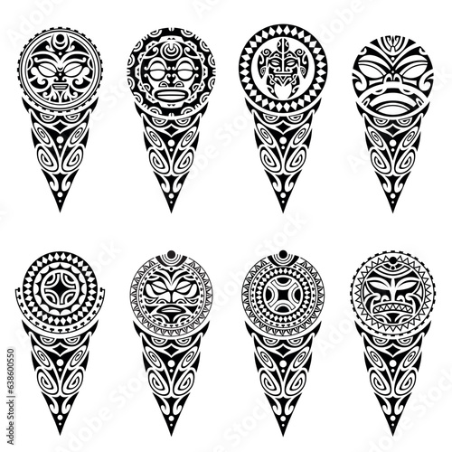 Set of tattoo sketch maori style for leg or shoulder. With turtle, sun face, mask, swastika.