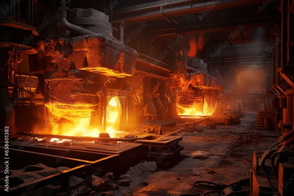 Furnace in a metal foundry pouring out tons of molten metal