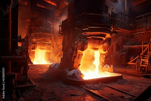 Furnace in a metal foundry pouring out tons of molten metal