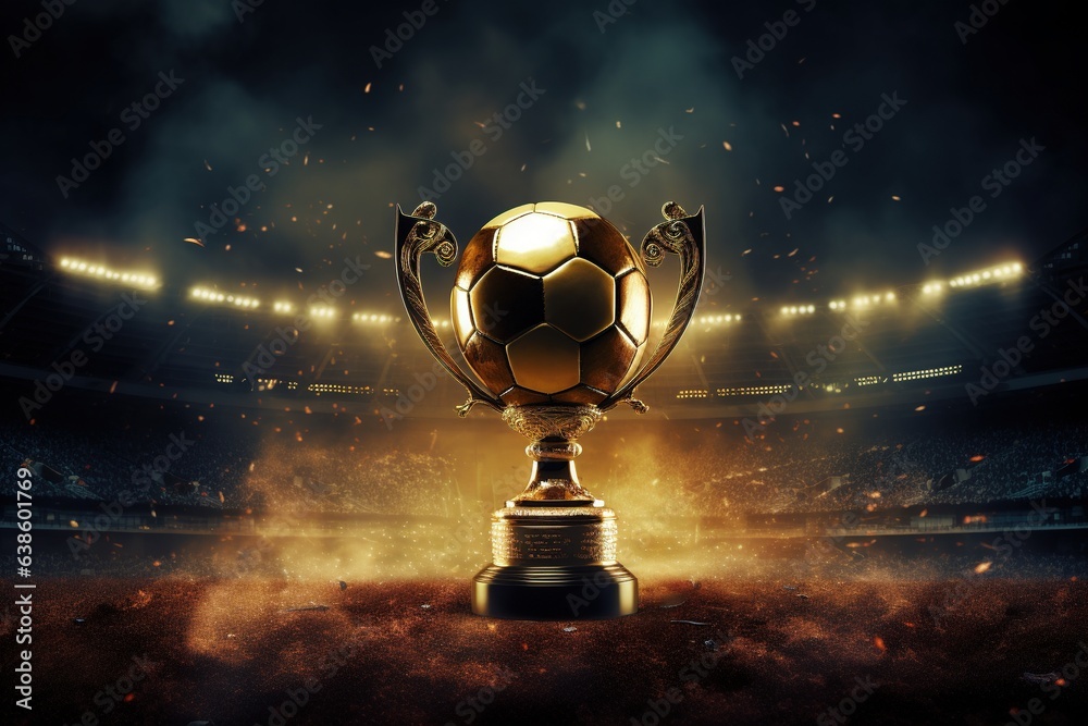 Large cup and soccer ball, a football trophy on the stadium