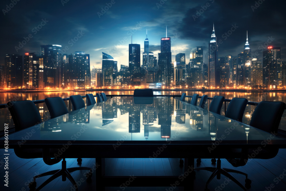An empty board table on the terrace of an office with a great view of a big city at night. - obrazy, fototapety, plakaty 