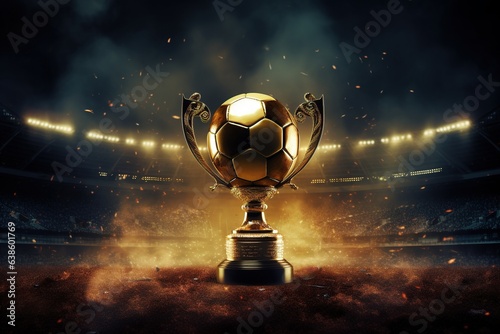 Large cup and soccer ball, a football trophy on the stadium