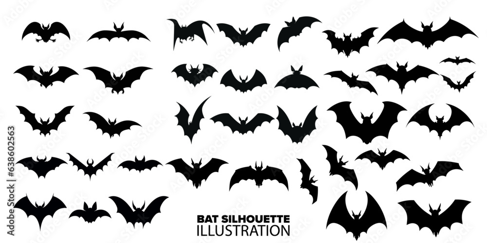 Naklejka premium Get Ready for Halloween with Bat Silhouette Collection Set: Spooky Black Horror Vampire Vector Graphics - Transparent Background, PNG, Vector