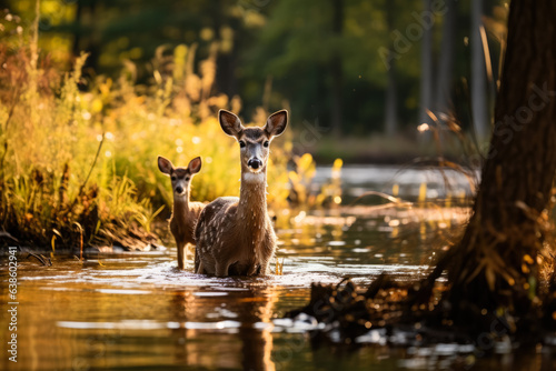 Deer at calm pond's edge 