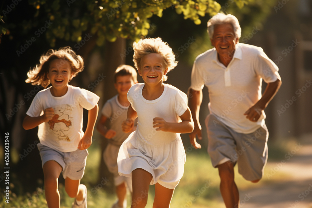 Obraz premium Grandparents enjoying a morning jog with their grandkids, passing down the values of health and love, family, love, 