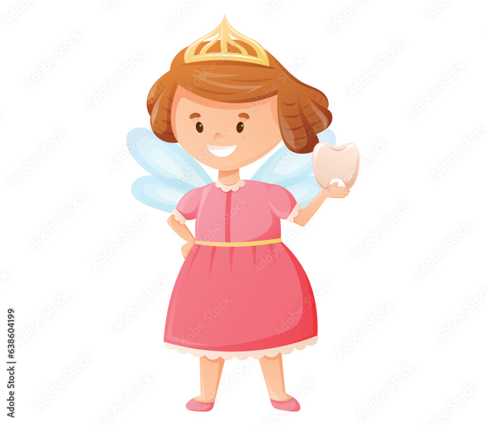 Cute childish character Tooth Fairy with wings. Cartoon vector isolated girl princess with golden crown. Cute childish character Tooth Fairy with wings. Cartoon vector isolated girl princess with golden crown.