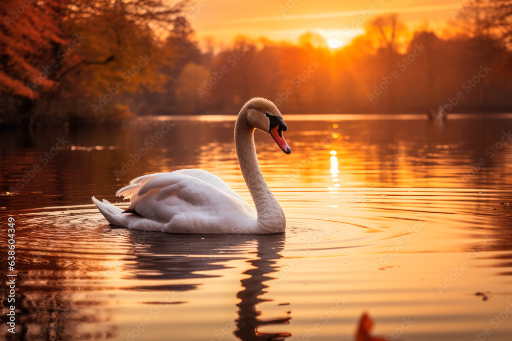 Fototapeta premium Swan on a tranquil lake at sunset 