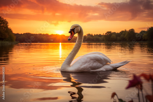 Swan on a tranquil lake at sunset 