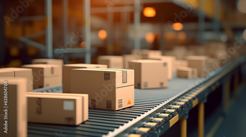 Closeup of multiple cardboard box packages seamlessly moving along a conveyor belt in a warehouse fulfillment center, a snapshot of e-commerce, delivery, automation and products. © Prasanth