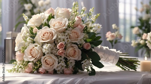 closeup shot of a bridal bouquet on a white sheet with white, pink and green colors