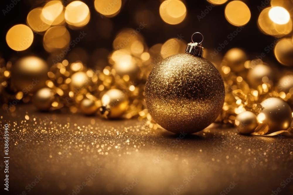 Fototapeta premium golden christmas background. Christmas decorations. Happy new year concept. shallow depth of field, vignette, highly detailed.