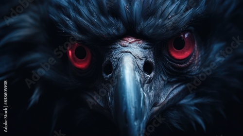Close-up of a ruffled head of a black bird with red eyes looking at the camera. Crow or raven with mystical bloody eyes. The look of a predator. Illustration for cover, interior design, decor, print. photo