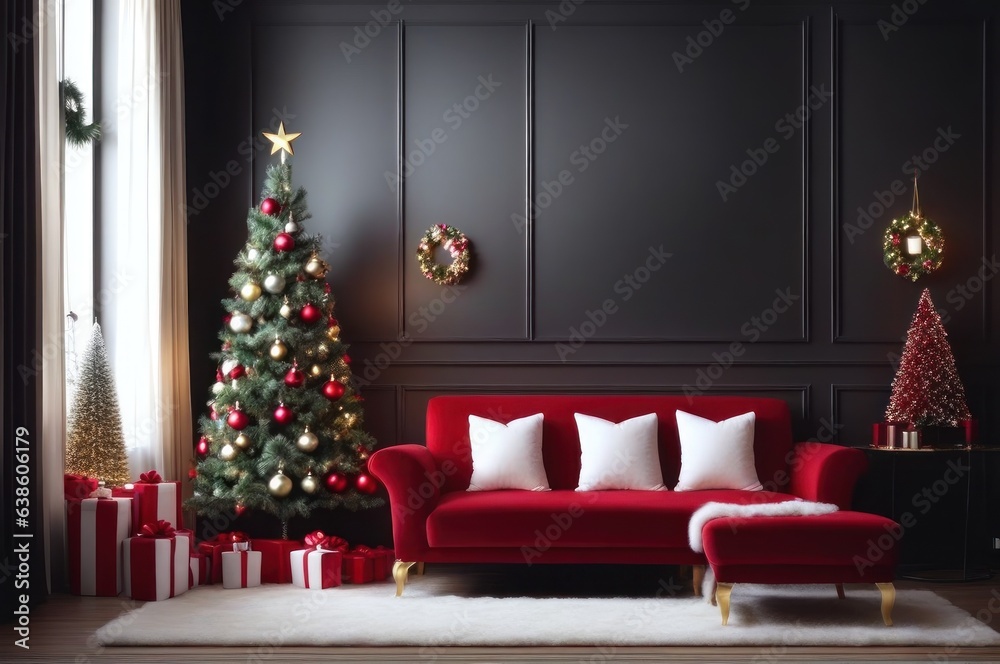 Decorative Noel and New Year interior living room concept, home style, furniture, Christmas tree. Happy new year at house concept. Decorative Noel and New Year interior living room concept, home style, furniture, Christmas tree. Happy new year at house concept.