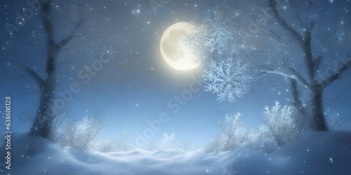 winter wonderland scene with forest and trees on a snow-covered surface, adorned with snowflakes on the branches, bathed in natural moonlight. Christmas and new year concept © useful pictures