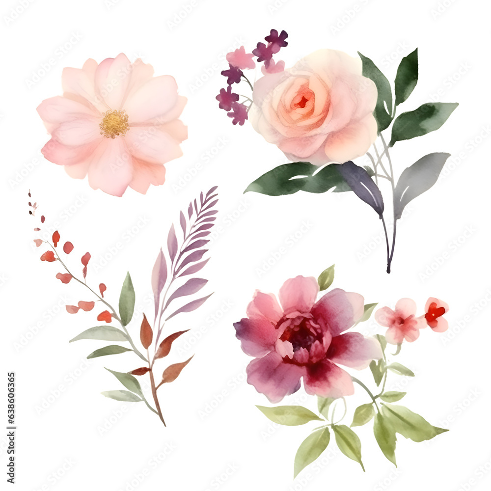 Set of watercolor flowers. Hand-drawn illustration. For your design