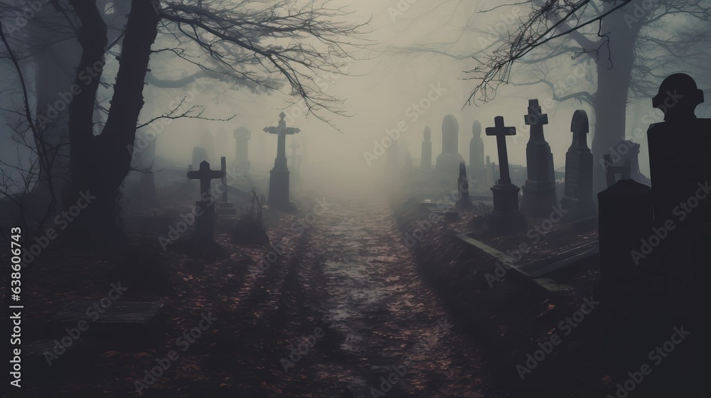 A long way in a foggy cemetery.Created using Generative AI technology. A long way in a foggy cemetery.Created using Generative AI technology.