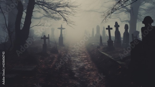 A long way in a foggy cemetery.Created using Generative AI technology.