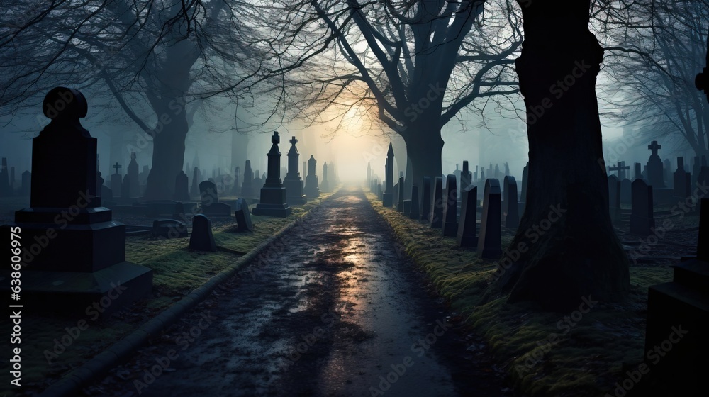 A long way in a foggy cemetery.Created using Generative AI technology. - obrazy, fototapety, plakaty 