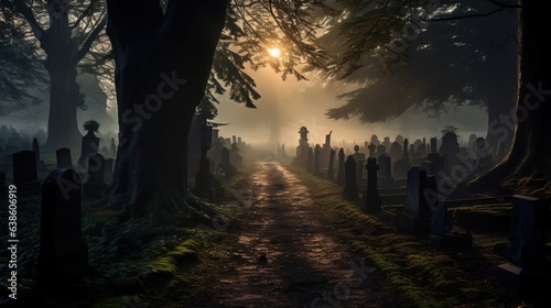 A long way in a foggy cemetery.Created using Generative AI technology.