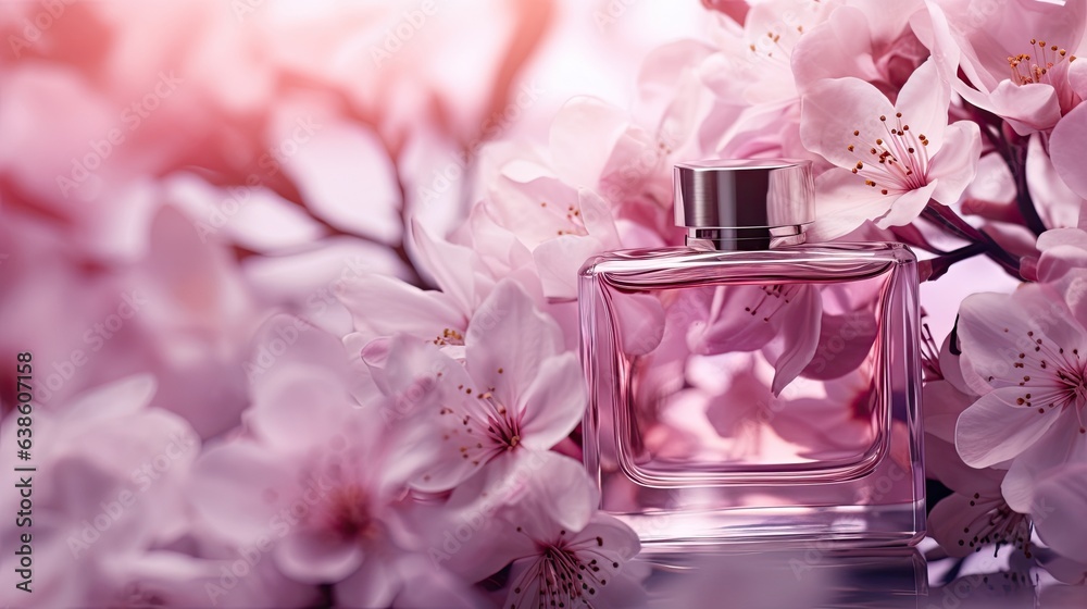 Glass perfume bottle on a background with pink flowers. Jar with aromatic oil or water. Spa and aromatherapy. Illustration for cover, card, postcard, brochure or advertising. Glass perfume bottle on a background with pink flowers. Jar with aromatic oil or water. Spa and aromatherapy. Illustration for cover, card, postcard, brochure or advertising.
