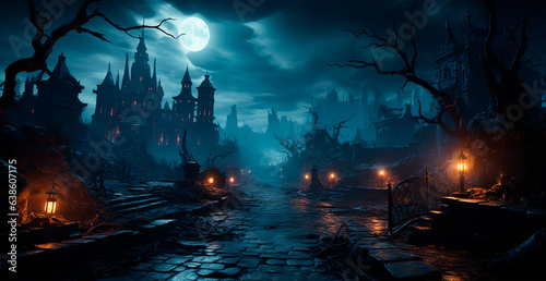 Creepy night in dark medieval castle, scary atmosphere for Halloween holiday background concept - AI generated image © BEMPhoto