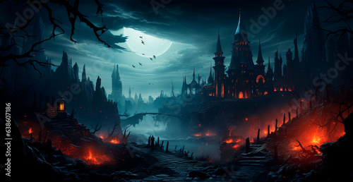 Creepy night in dark medieval castle, scary atmosphere for Halloween holiday background concept - AI generated image © BEMPhoto