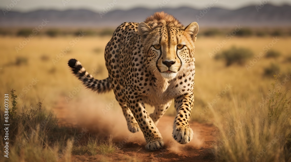 photo wildlife cheetah running on savanna - obrazy, fototapety, plakaty 