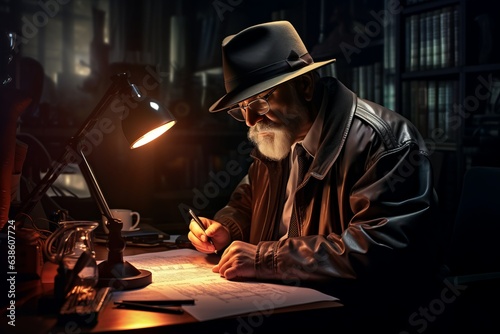mature middle-aged caucasian man with silver hair and glasses writing with a pen in a notebook sitting in the home office library. professional creative writer or a private detective investigator