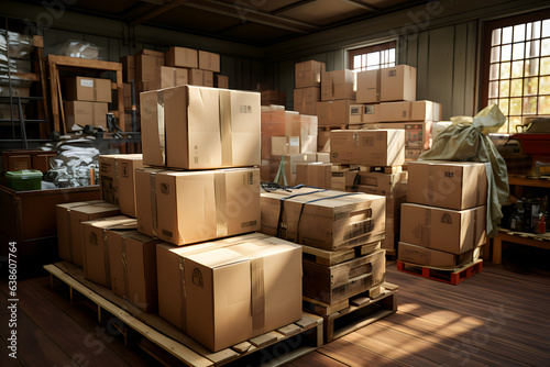 cardboard boxes stacked in a pile in a warehouse