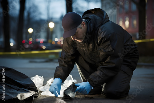 Policeman reviewing a collection of evidence bags at a crime scene.  photo