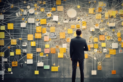 a man in business clothes standing with his back turned in front of a huge wall with sticky notes, cutouts and threads connecting the information. Detective investigative work in finance or business photo