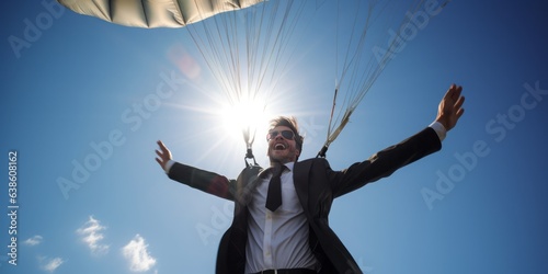 Businessman Cheers While Hanging on Parachute, Signifying Success and Safety in Big Business Ventures, Amidst a Sun-Kissed Summer Sky, Embracing Financial Triumph and Prosperity