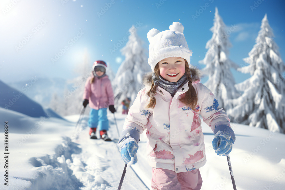 Young Girl on skis on a snow covered trail, smiling, blurred background