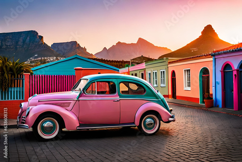 Famous bright color retro car parked by colorful houses in Bo Kaap district in Cape Town.