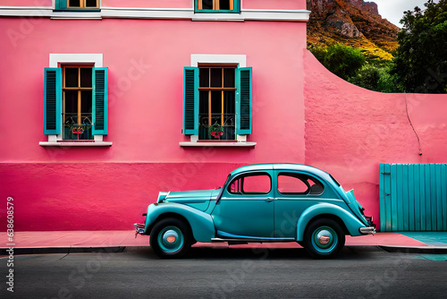 Famous bright color retro car parked by colorful houses in Bo Kaap district in Cape Town. © Luci